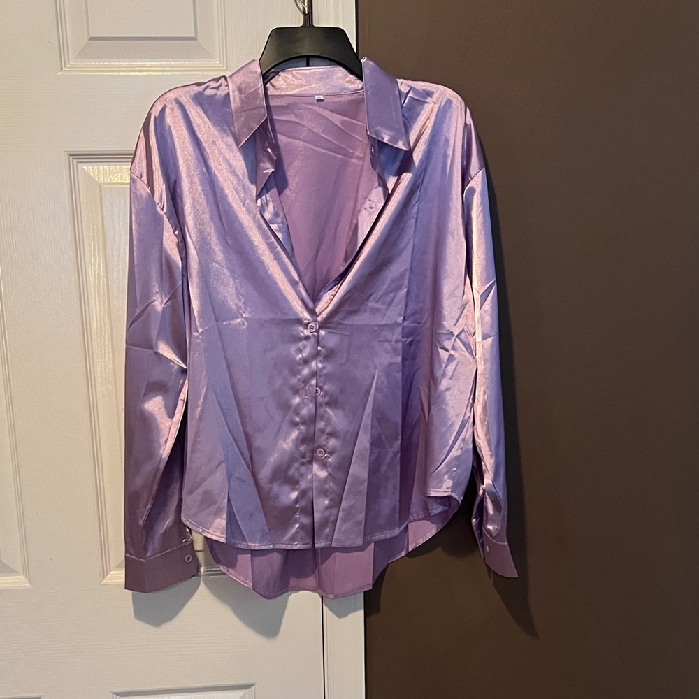 SHEIN Shimmering Purple Button Down Shirt